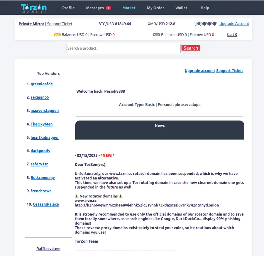 Torzon market dashboard interface overview